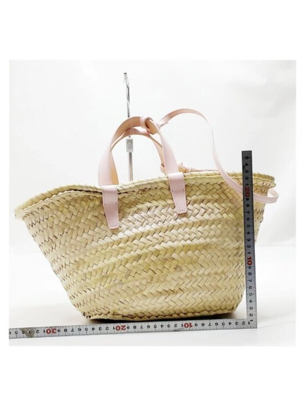 Authentic Celine Triomphe Straw Basket Bag Pink Leather Trim Summer Tote Woven - Picture 3 of 16